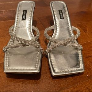 Nine West Metallic Silver heeled slide sandal with diamond cross straps